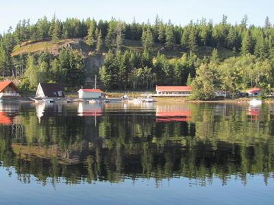 Shoreline around bay at Birch Bay Resort on Francois Lake, BC